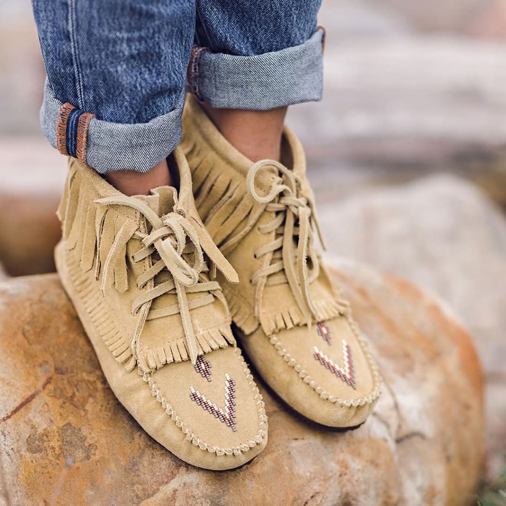Fringe Suede Moccasin Ankle Boot - Tan